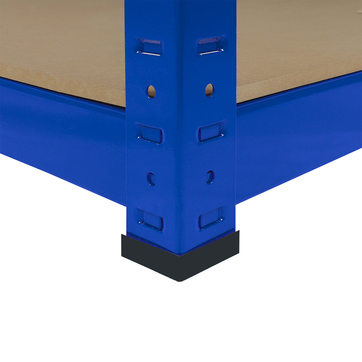 Scaffale ad angolo T-Rax in acciaio blu, con struttura robusta e ripiano in legno, ideale per ottimizzare spazi e organizzare oggetti