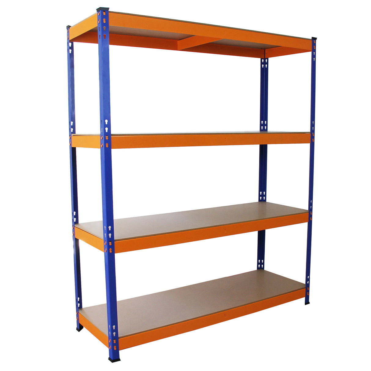 Scaffale S-Rax in acciaio blu e arancione, senza bulloni, con quattro ripiani in legno, altezza 150 cm, ideale per stoccaggio e organizzazione