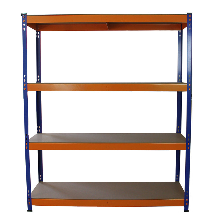 Scaffale S-Rax in acciaio blu e arancione, senza bulloni, con quattro ripiani robusti e finitura liscia, ideale per stoccaggio