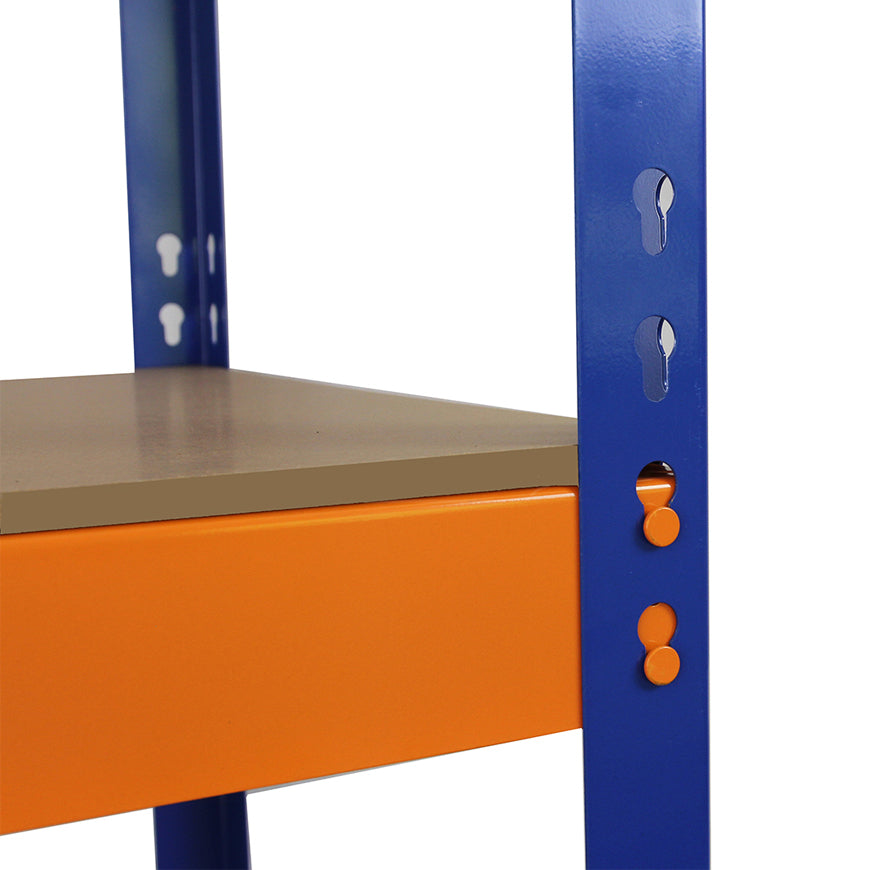 Scaffale S-Rax in acciaio blu e arancione, senza bulloni, con ripiano beige, design moderno e finitura liscia, altezza 150cm