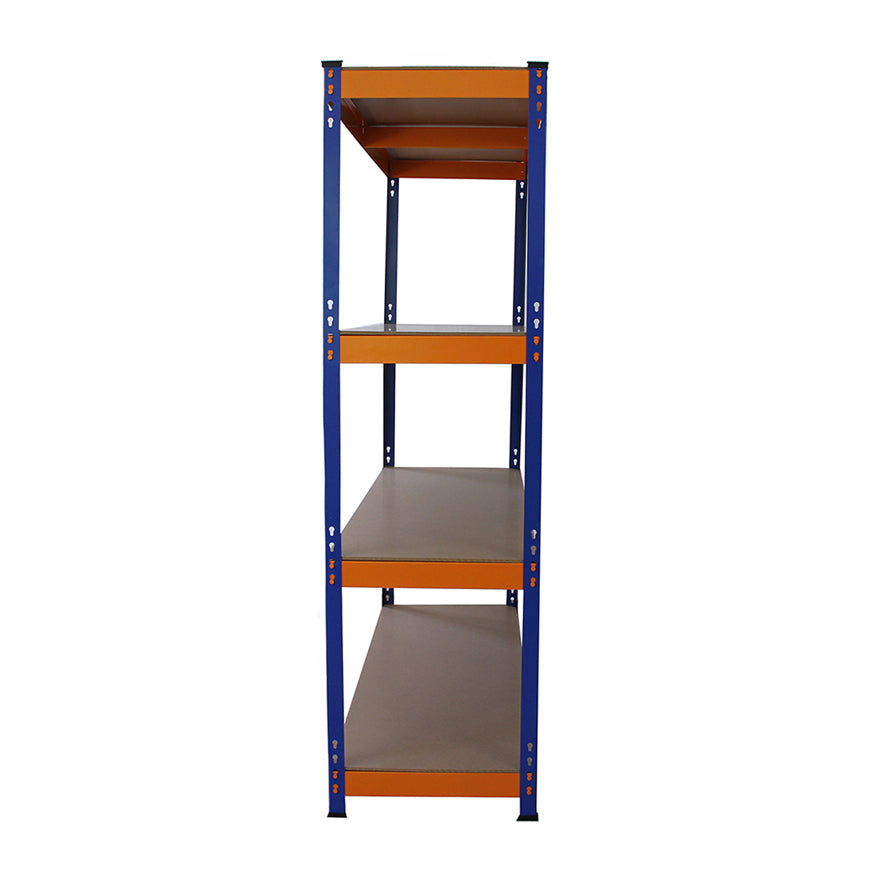 Scaffale S-Rax in acciaio blu e arancione, senza bulloni, con quattro ripiani in legno, altezza 150 cm, design moderno e funzionale