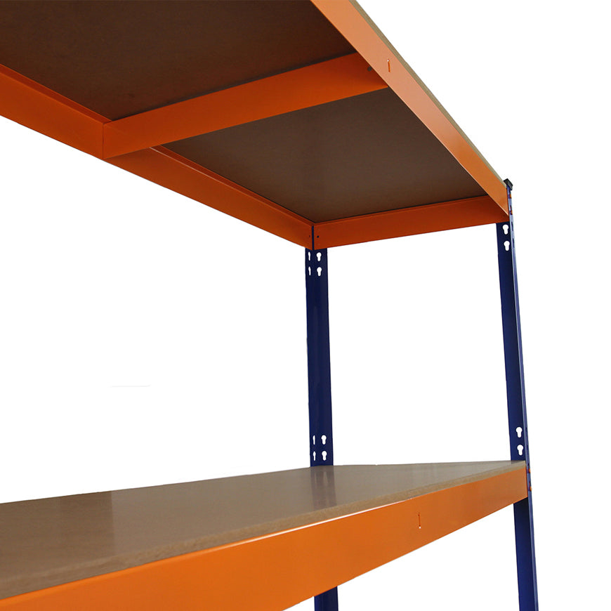 Scaffale S-Rax in acciaio blu e arancione, senza bulloni, con ripiani robusti e finitura liscia, altezza 150 cm, ideale per stoccaggio