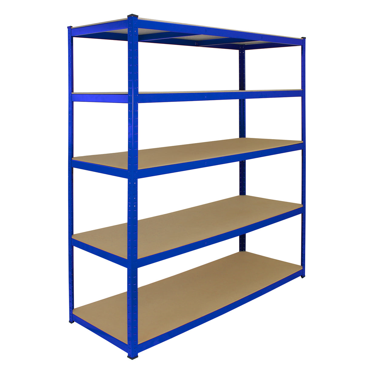 Scaffale T-Rax in acciaio blu senza bulloni, con cinque ripiani in legno, design robusto e moderno, ideale per stoccaggio e organizzazione
