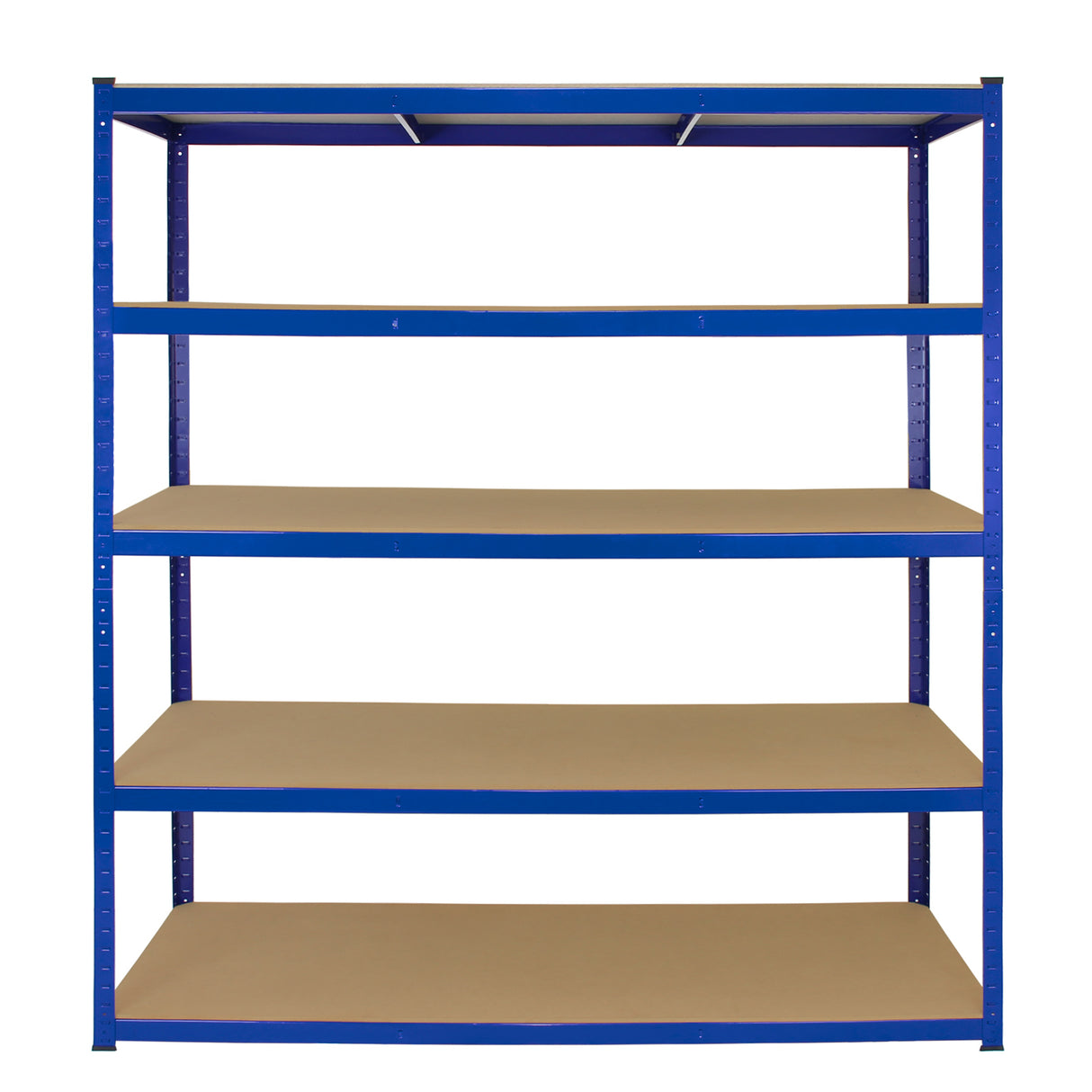 Scaffale T-Rax in acciaio blu senza bulloni, alto 160 cm, con cinque ripiani in truciolato, ideale per stoccaggio e organizzazione