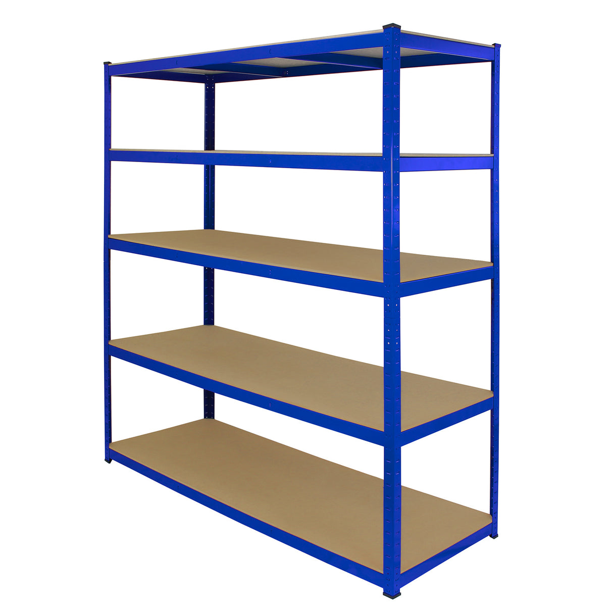 Scaffale T-Rax in acciaio blu, senza bulloni, con cinque ripiani in MDF, ideale per stoccaggio e organizzazione di spazi