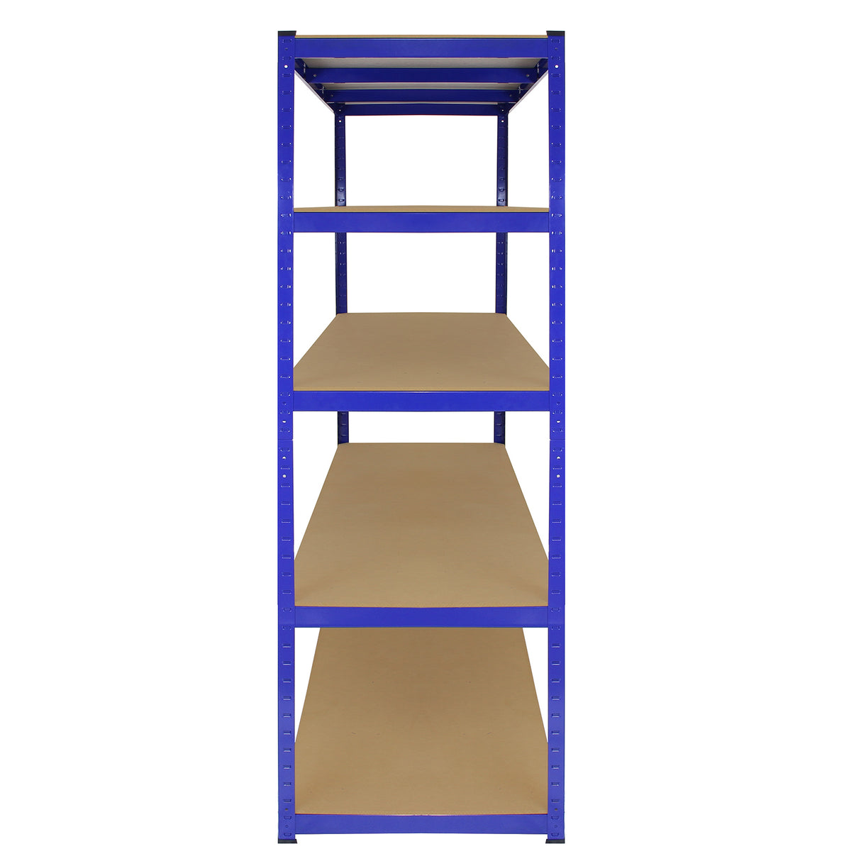 Scaffale T-Rax in acciaio blu senza bulloni, alto 160 cm, con ripiani in MDF beige, design robusto e moderno, ideale per stoccaggio
