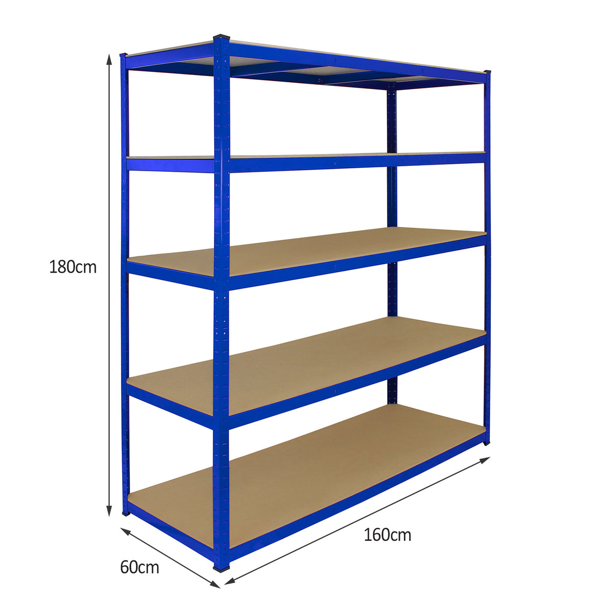 Scaffale T-Rax in acciaio blu, senza bulloni, con quattro ripiani in MDF, dimensioni 160cm di larghezza e 180cm di altezza