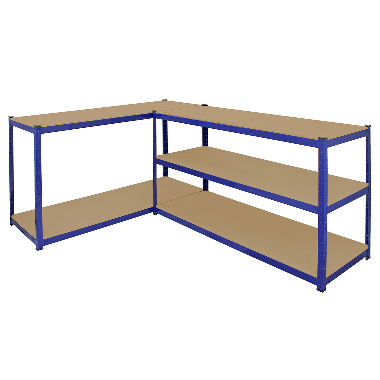Scaffale T-Rax in acciaio blu senza bulloni, con tre ripiani in legno chiaro, design angolare e struttura robusta e moderna