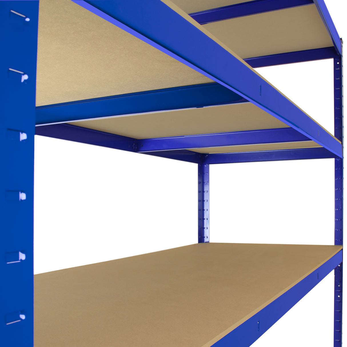 Scaffale T-Rax blu in acciaio senza bulloni, con ripiani in truciolato, design robusto e moderno, ideale per stoccaggio e organizzazione