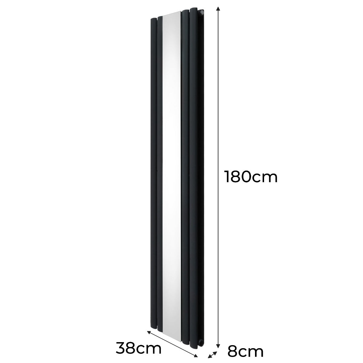 Radiatore a pannelli ovali grigio antracite con finitura cromata a specchio, dimensioni 1800mm x 380mm, design elegante e moderno