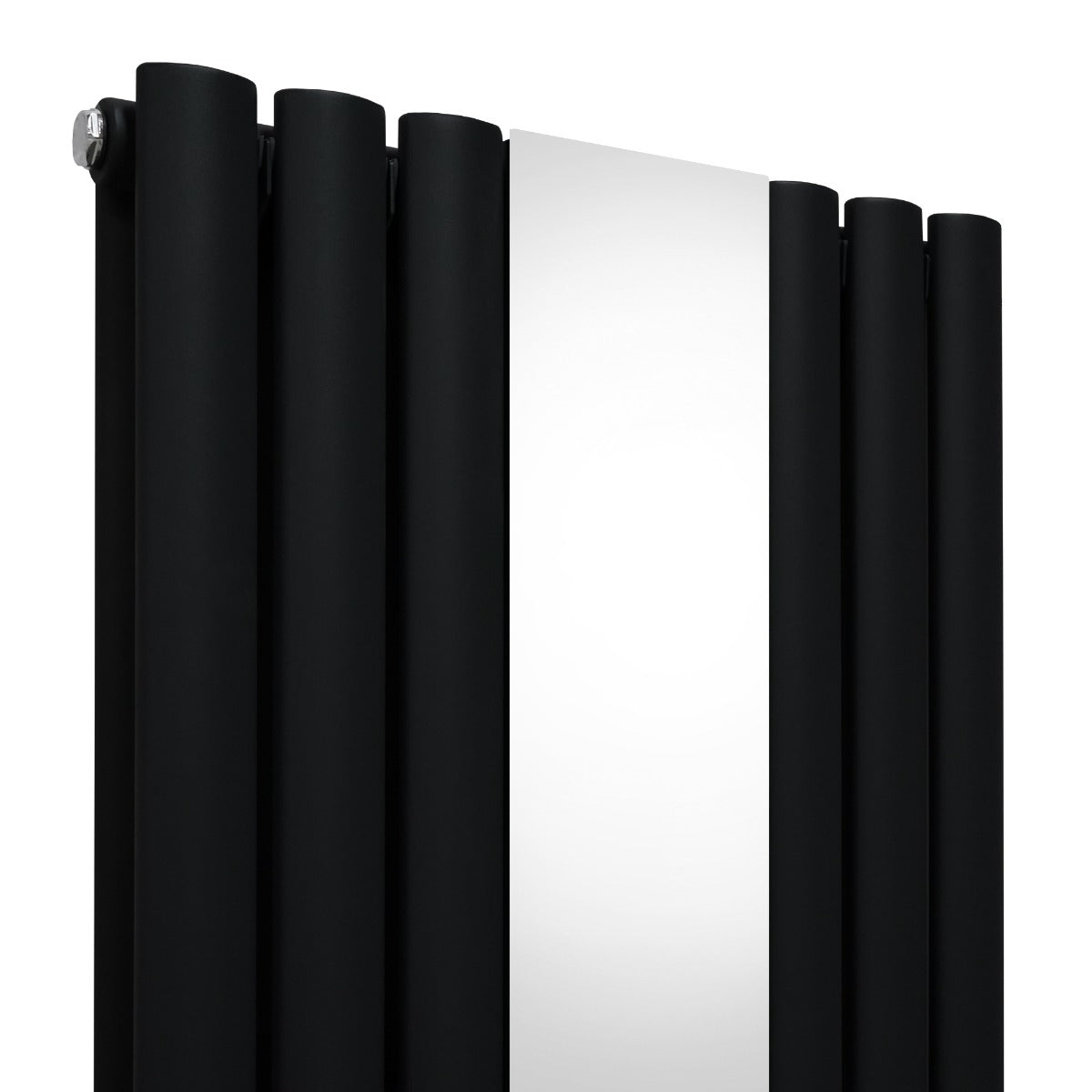 Radiatore nero con pannelli ovali e valvole cromate a specchio, design elegante e moderno, dimensioni 1800mm x 380mm