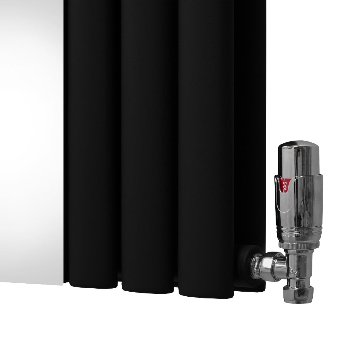 Radiatore nero a pannelli ovali di 1800mm x 380mm con valvole cromate a specchio, design elegante e moderno per interni raffinati