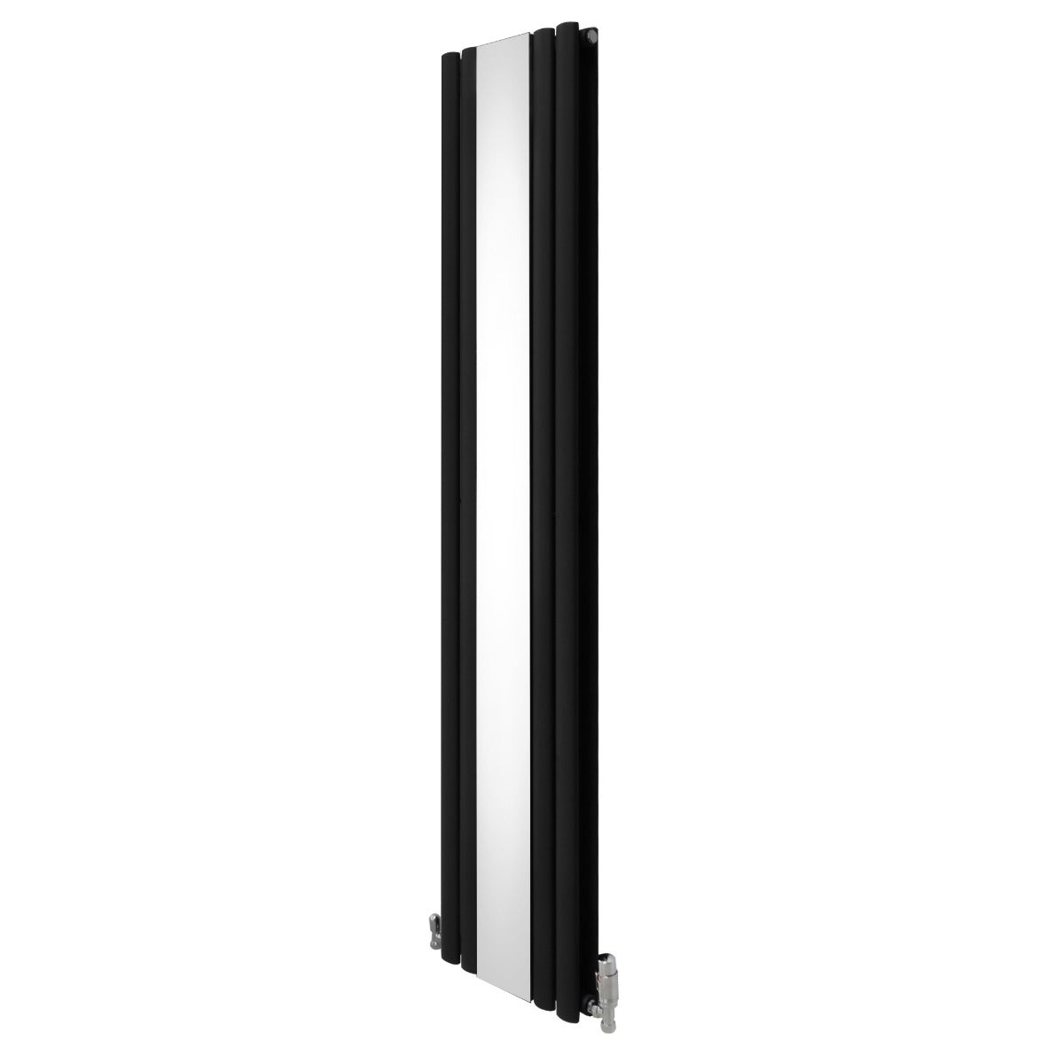 Radiatore nero a pannelli ovali con finitura cromata a specchio, dimensioni 1800mm x 380mm, design elegante e moderno