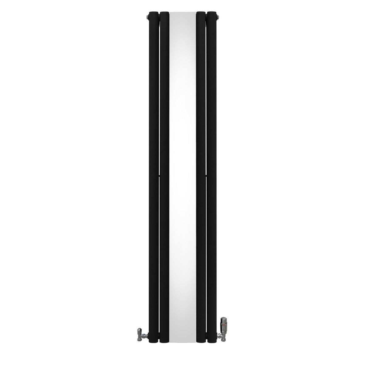 Radiatore nero a pannelli ovali con finitura cromata a specchio, misura 1800mm x 380mm, design elegante e moderno per interni raffinati
