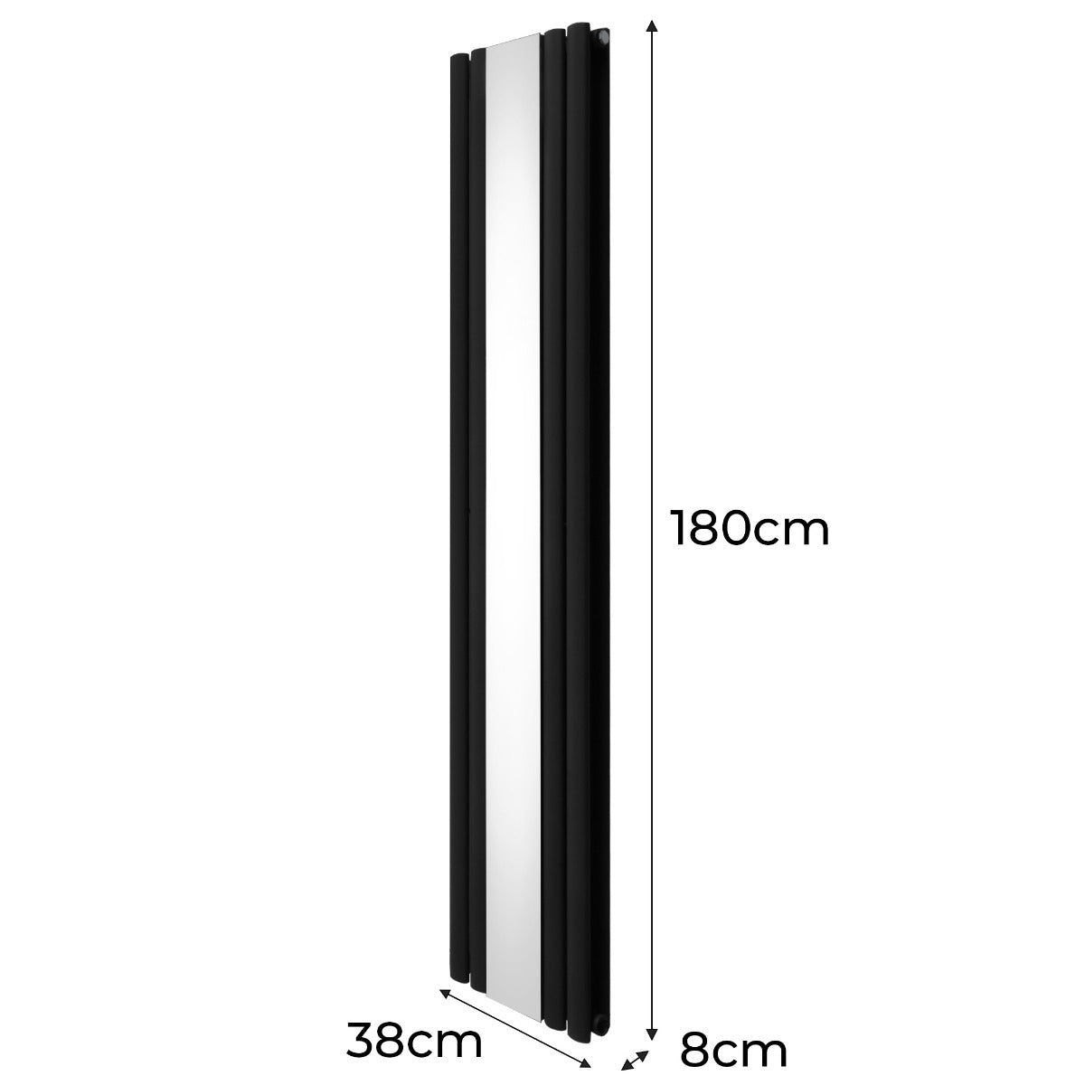 Radiatore nero a pannelli ovali con finitura cromata a specchio, misura 1800mm x 380mm, elegante e moderno per ogni ambiente
