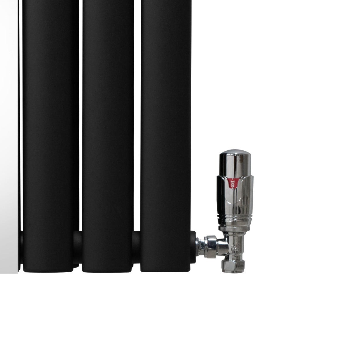 Radiatore nero a pannelli ovali, 1800mm x 380mm, con valvole cromate a specchio, design elegante e moderno per interni raffinati