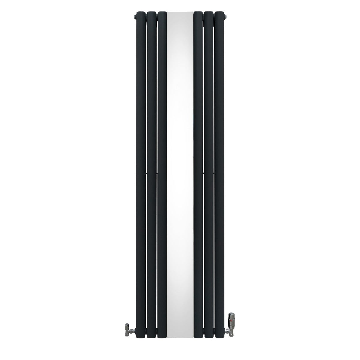 Radiatore grigio antracite con pannelli ovali e valvole cromate a specchio, design elegante e moderno, misura 1800mm x 500mm