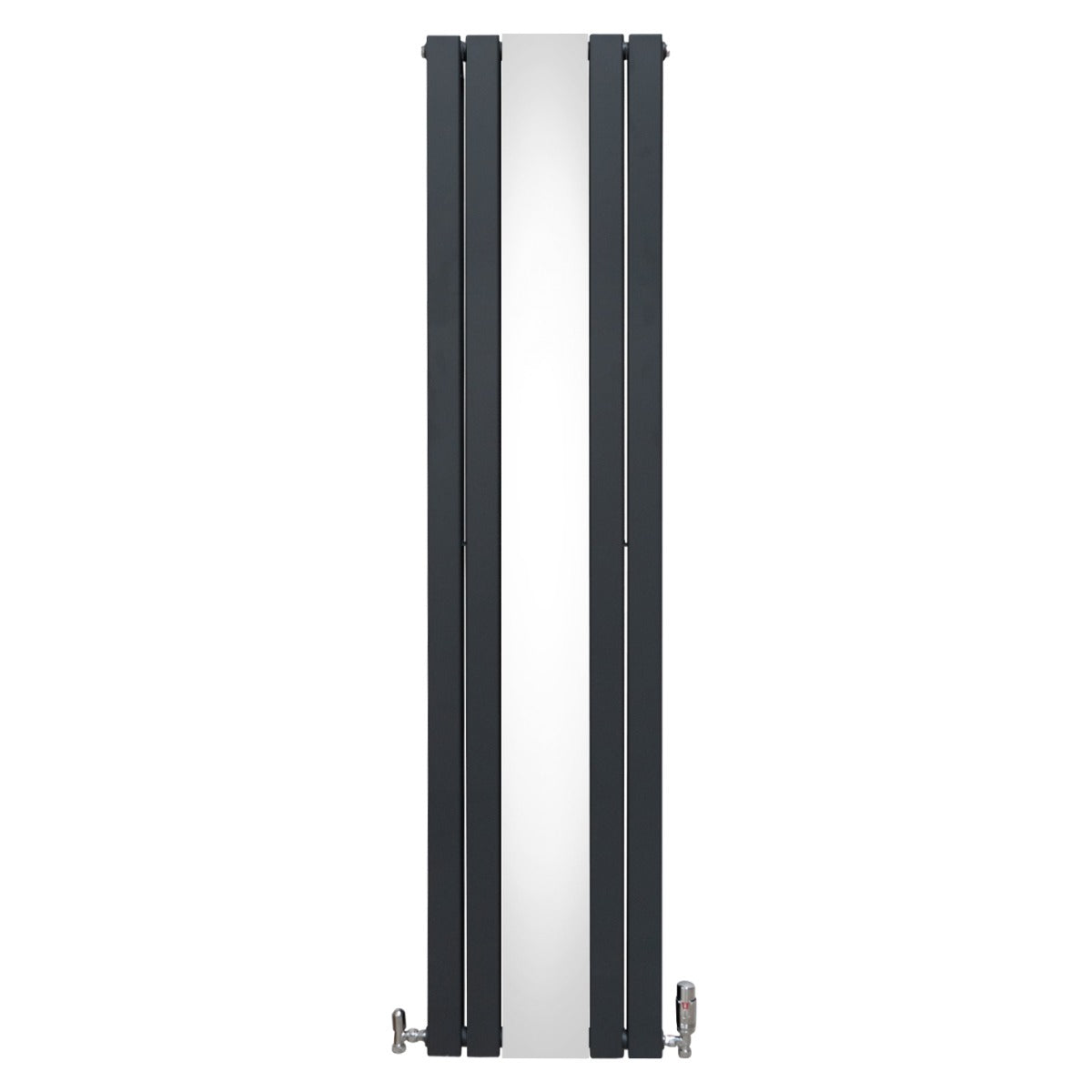 Radiatore a specchio grigio antracite, 1800 mm x 425 mm, con valvole cromate e design elegante e moderno, superficie liscia e riflettente