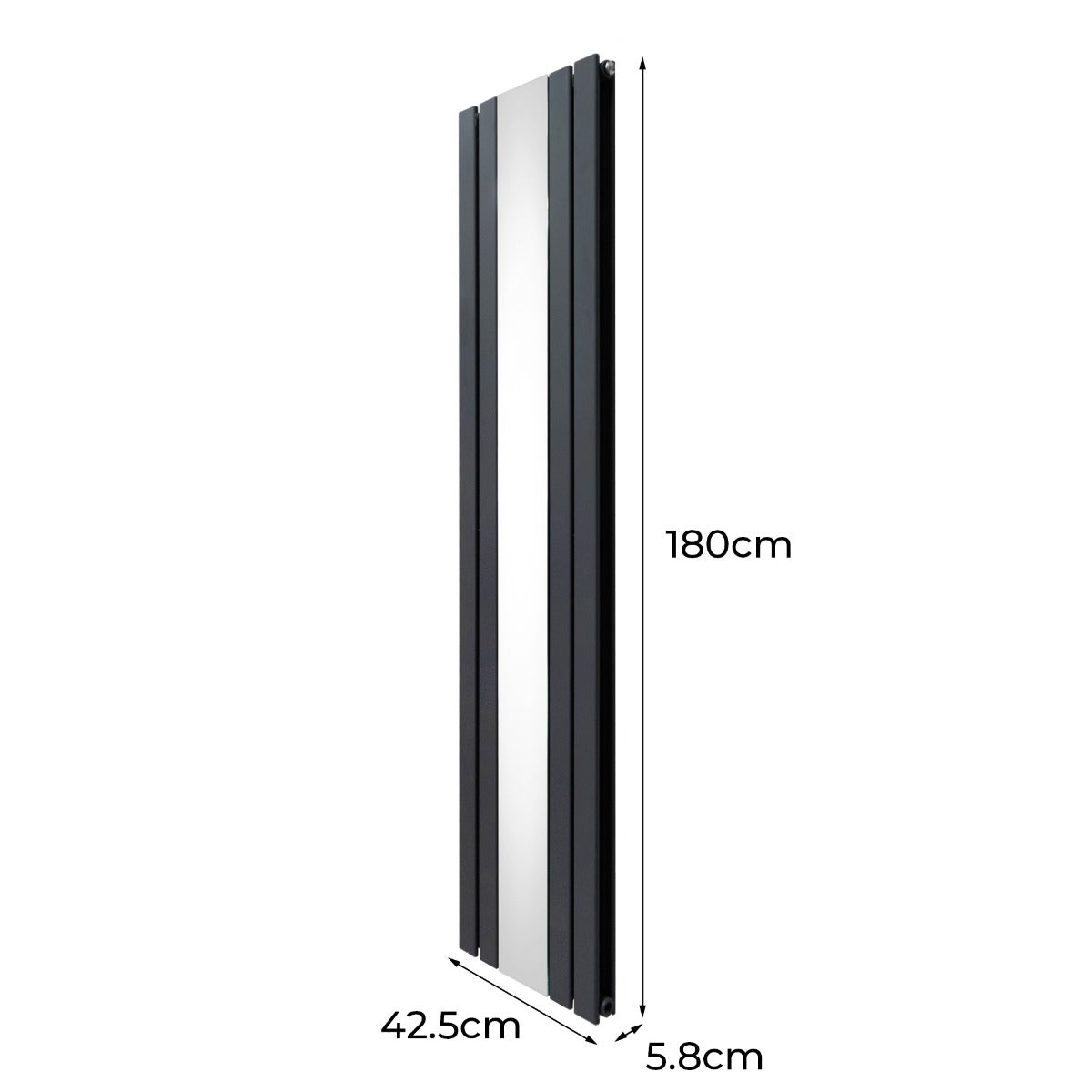 Radiatore a specchio grigio antracite, design elegante e moderno, dimensioni 1800 mm x 425 mm, con valvole cromate lucide