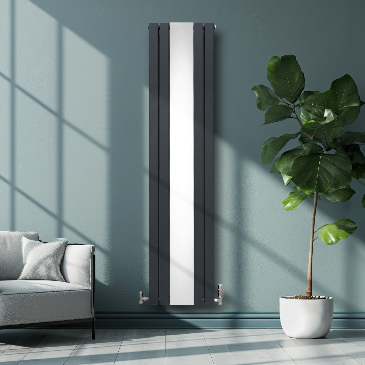 Radiatore a specchio grigio antracite, 1800 mm x 425 mm, con valvole cromate, elegante design verticale in un ambiente moderno