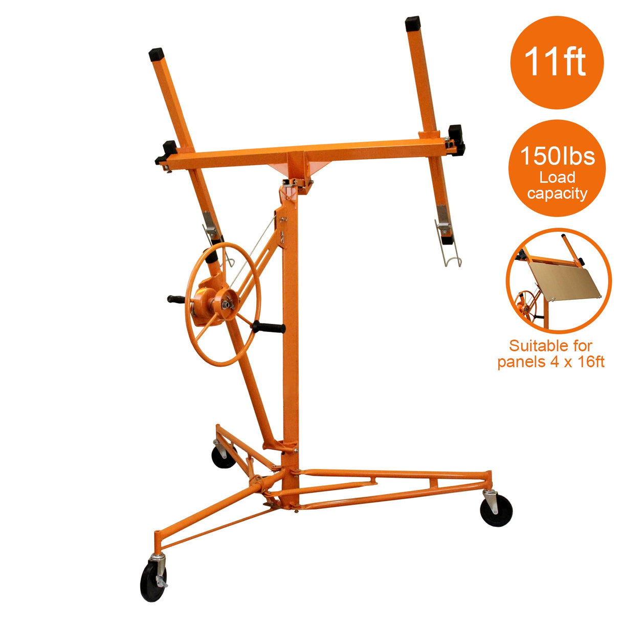 Alzalastre per cartongesso arancione, altezza 3.4m, con ruote, manovella e supporti regolabili per pannelli fino a 150lbs