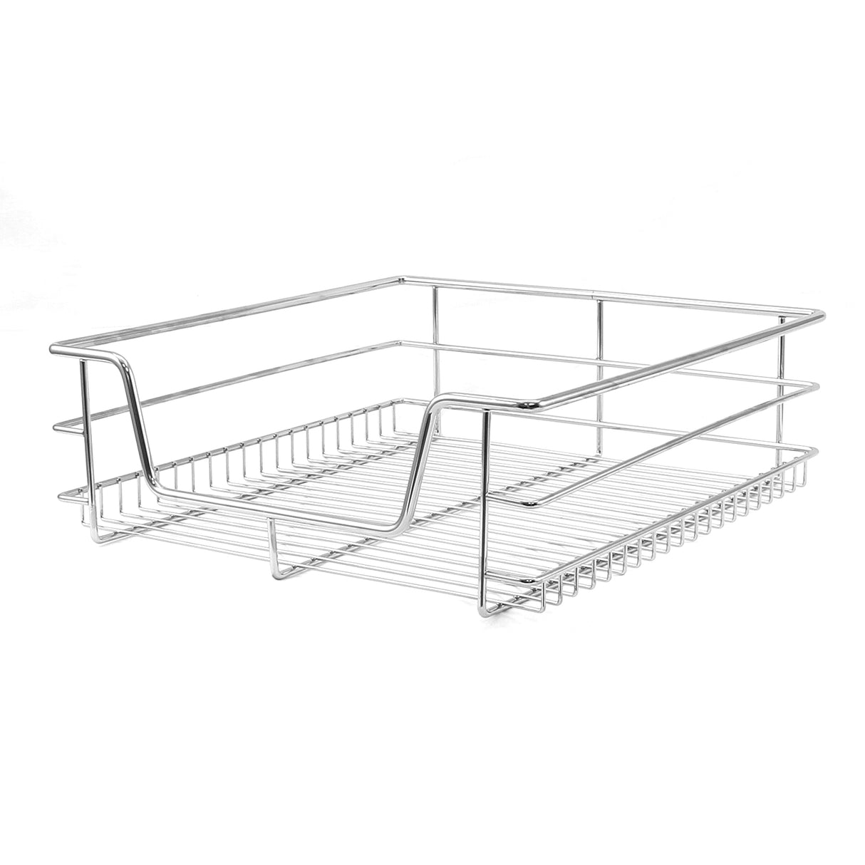 Cestello estraibile in acciaio inox lucido, con struttura a rete e bordi rinforzati, ideale per organizzare spazi cucina da 60 cm