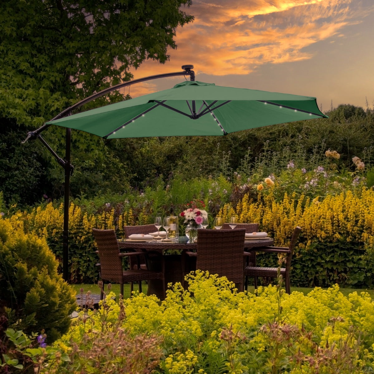 Ombrellone da Giardino Decentrato 3m con LED - Base Quadrata - Verde