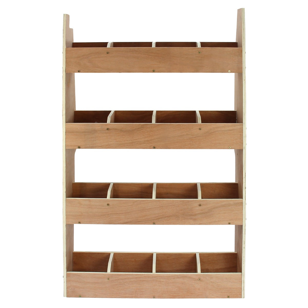 Scaffale in legno chiaro con cinque ripiani, ognuno diviso in scomparti, ideale per organizzare spazi in camper o furgoni