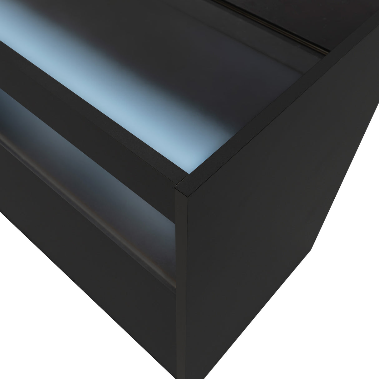 Bancone da negozio LED B900 in nero, con finitura liscia, linee moderne e illuminazione LED blu integrata per un design accattivante