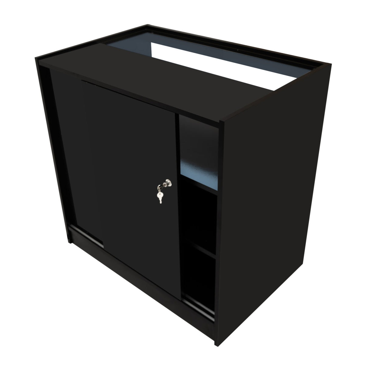Bancone da negozio LED B900 in nero, con finitura liscia, ante scorrevoli e ripiani interni per un design elegante e funzionale