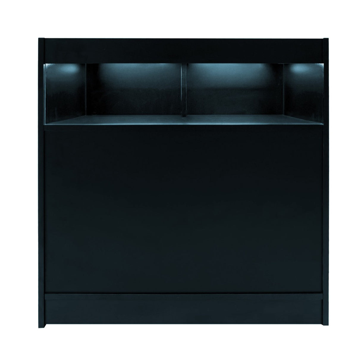 Bancone da negozio LED B900 in nero, con illuminazione integrata, superficie liscia e design moderno, ideale per esposizioni eleganti