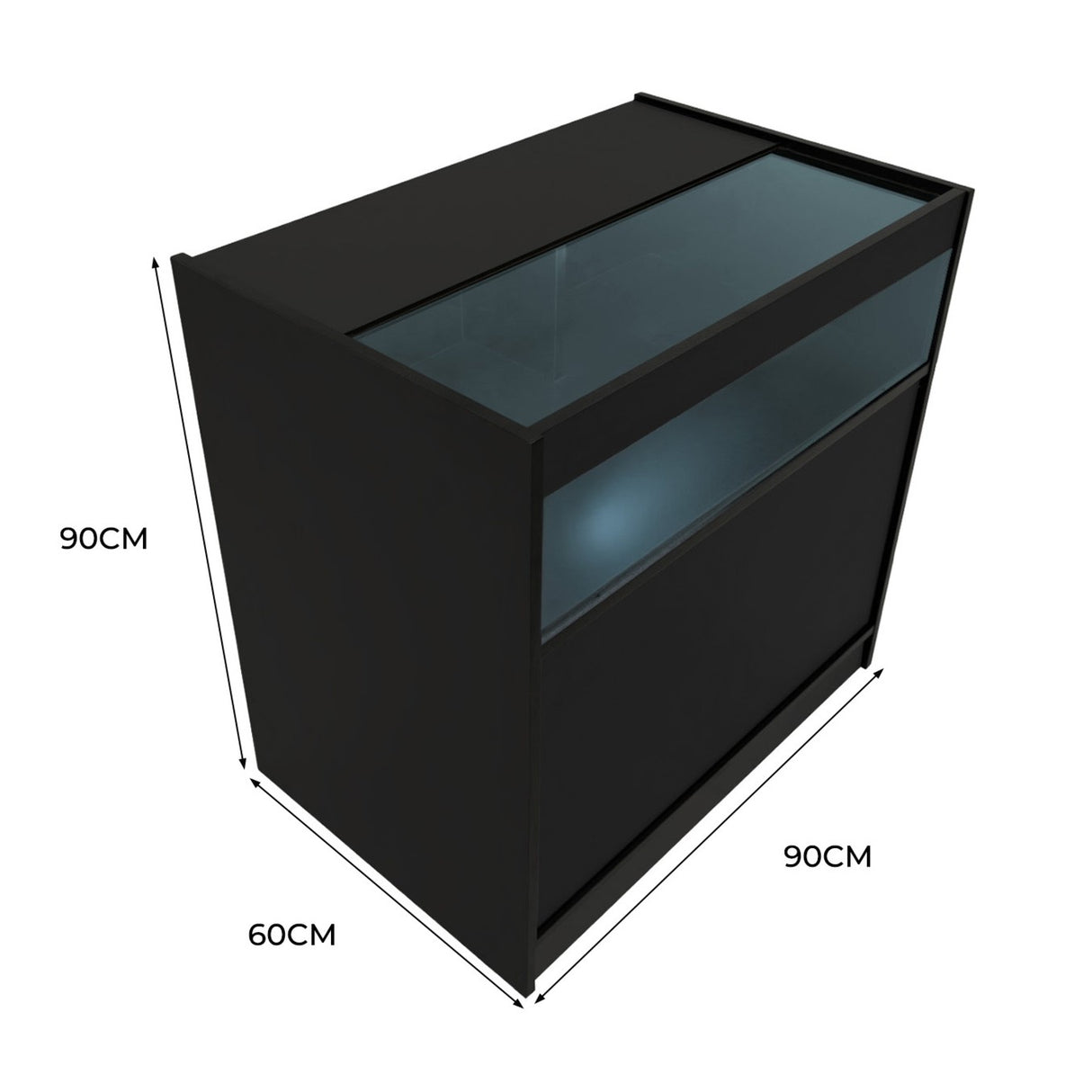 Bancone da negozio LED B900 in nero, con superficie liscia e vetro trasparente, dimensioni 90x60x90 cm, design moderno e elegante