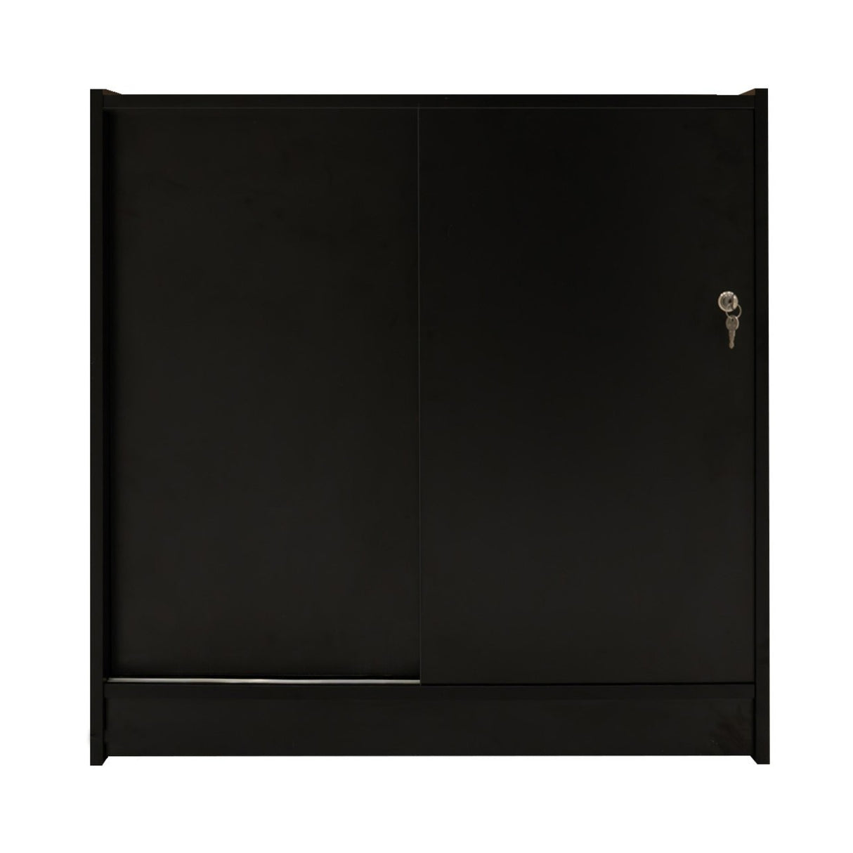 Bancone da negozio LED B900 in nero, con finitura liscia, ante scorrevoli e chiave per la sicurezza degli oggetti esposti