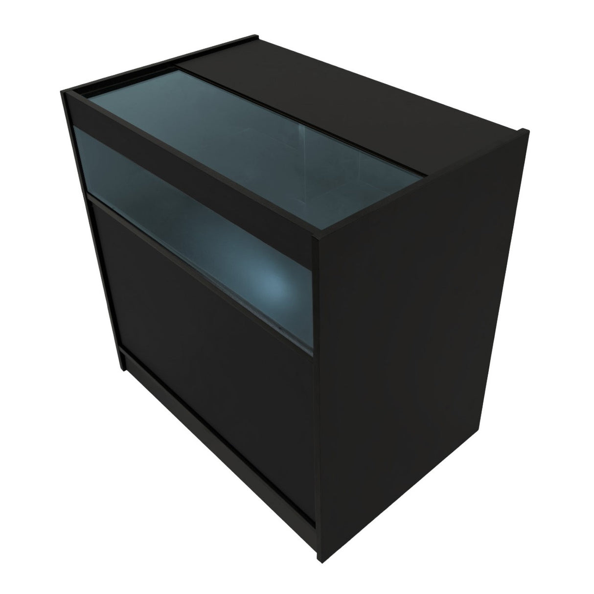Bancone da negozio LED B900 in nero, con superficie in vetro trasparente e design moderno, ideale per esposizione prodotti