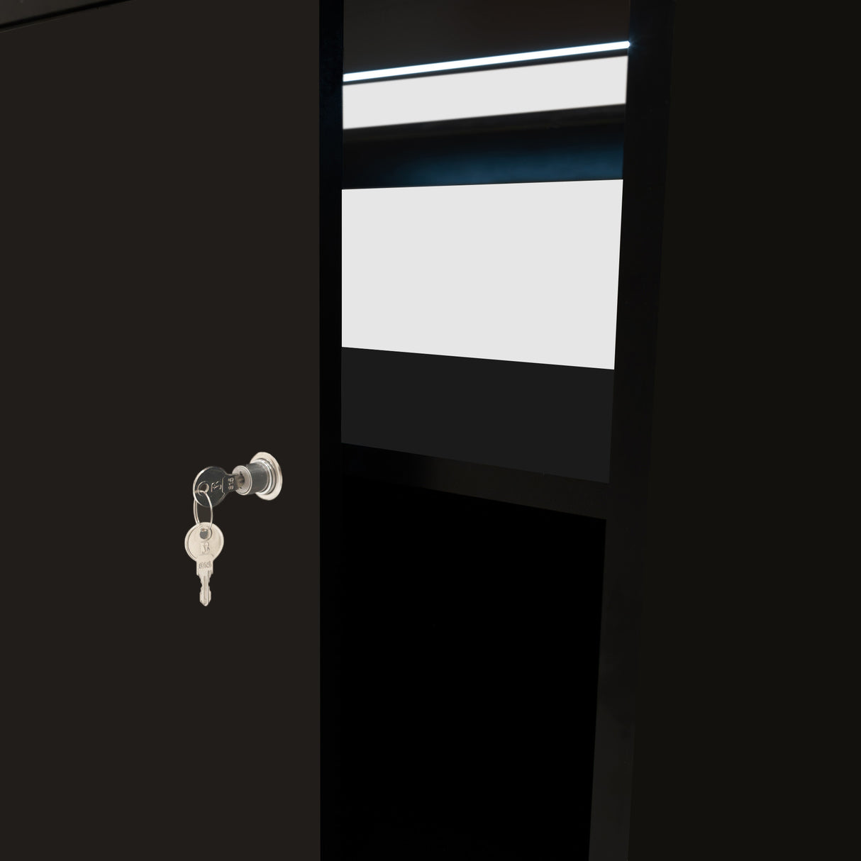 Bancone da negozio LED B900 in nero, con chiave e dettagli luminosi, design elegante e superficie liscia per esposizione prodotti