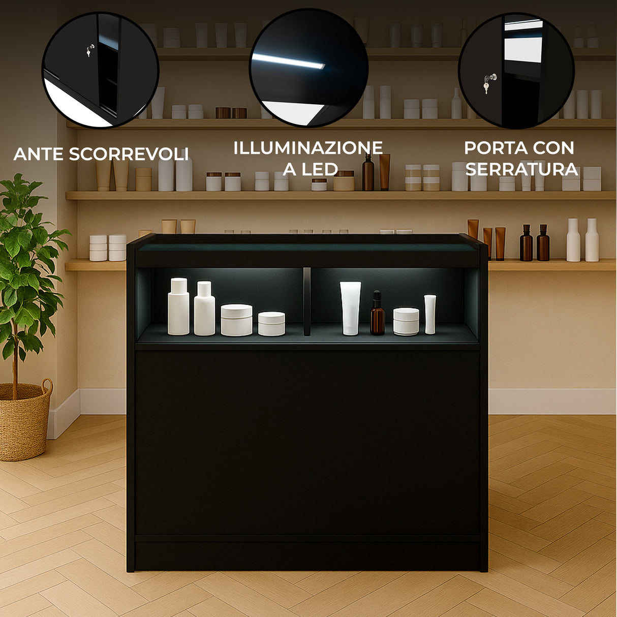Bancone da negozio LED B900 in nero, con ante scorrevoli, illuminazione a LED e porta con serratura, ideale per esposizione prodotti