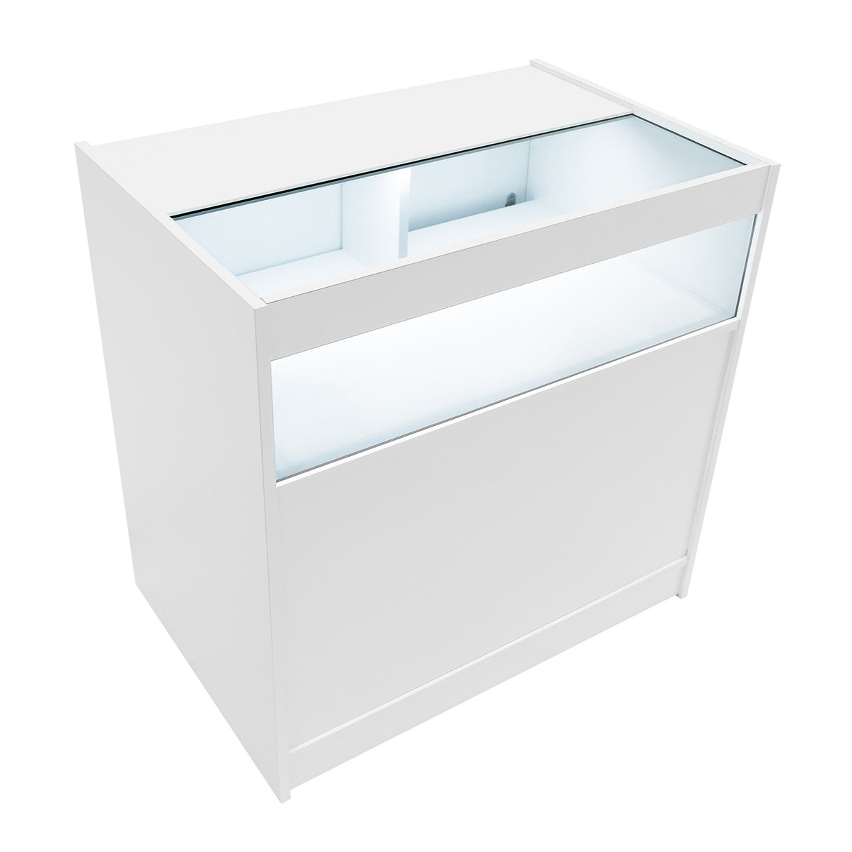Bancone da negozio LED B900 in bianco, design moderno con superficie liscia, illuminazione interna e vetrina trasparente per esposizione