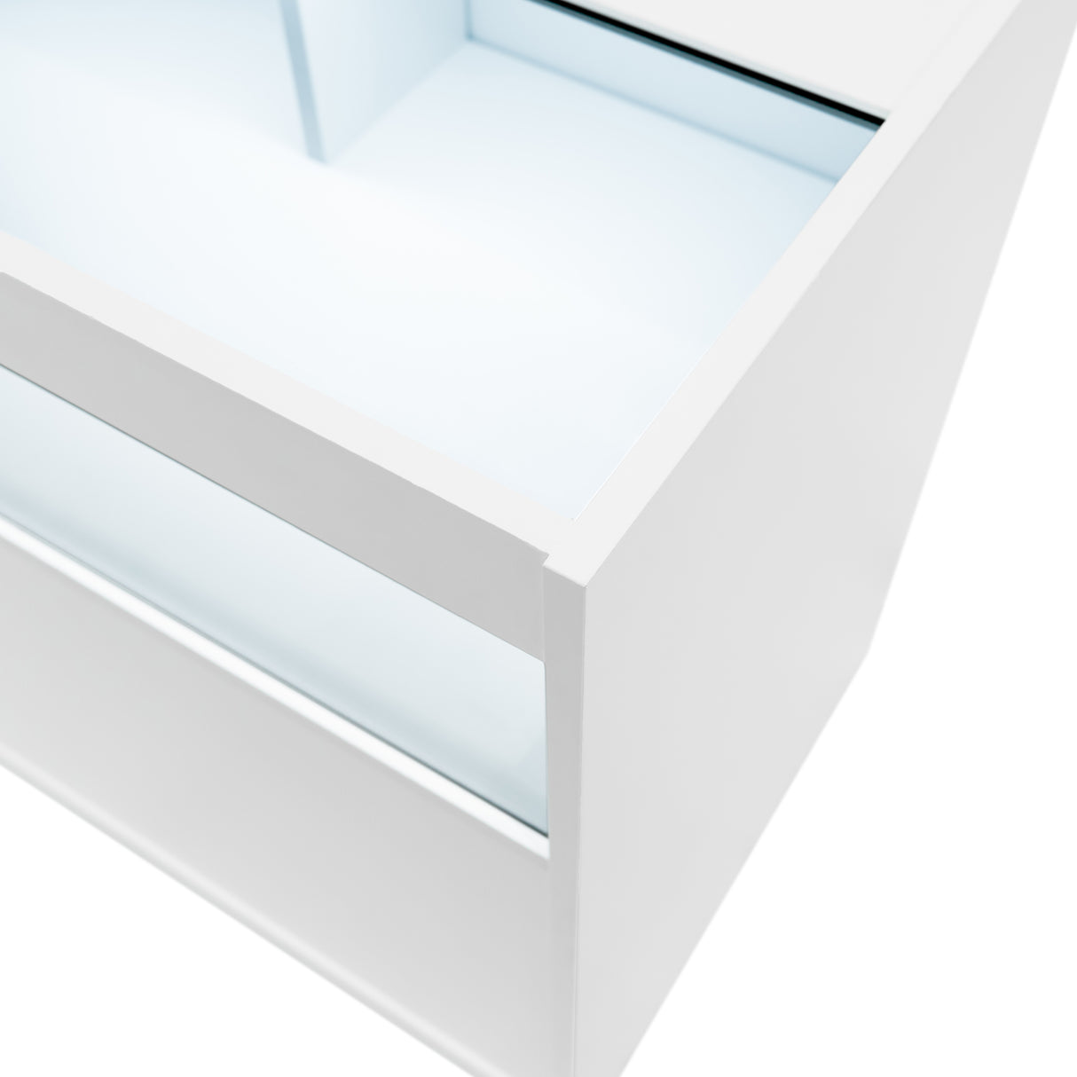 Bancone da negozio LED B900 in bianco, con superficie liscia e illuminazione interna, ideale per esposizioni eleganti e moderne