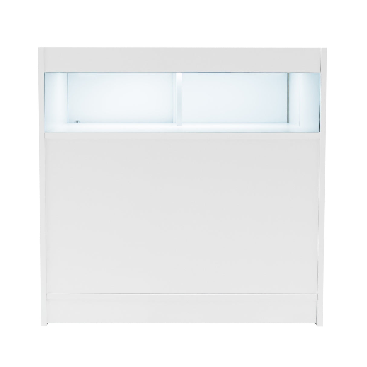 Bancone da negozio LED B900 in bianco, con superficie liscia e illuminazione interna, ideale per esposizioni eleganti e moderne