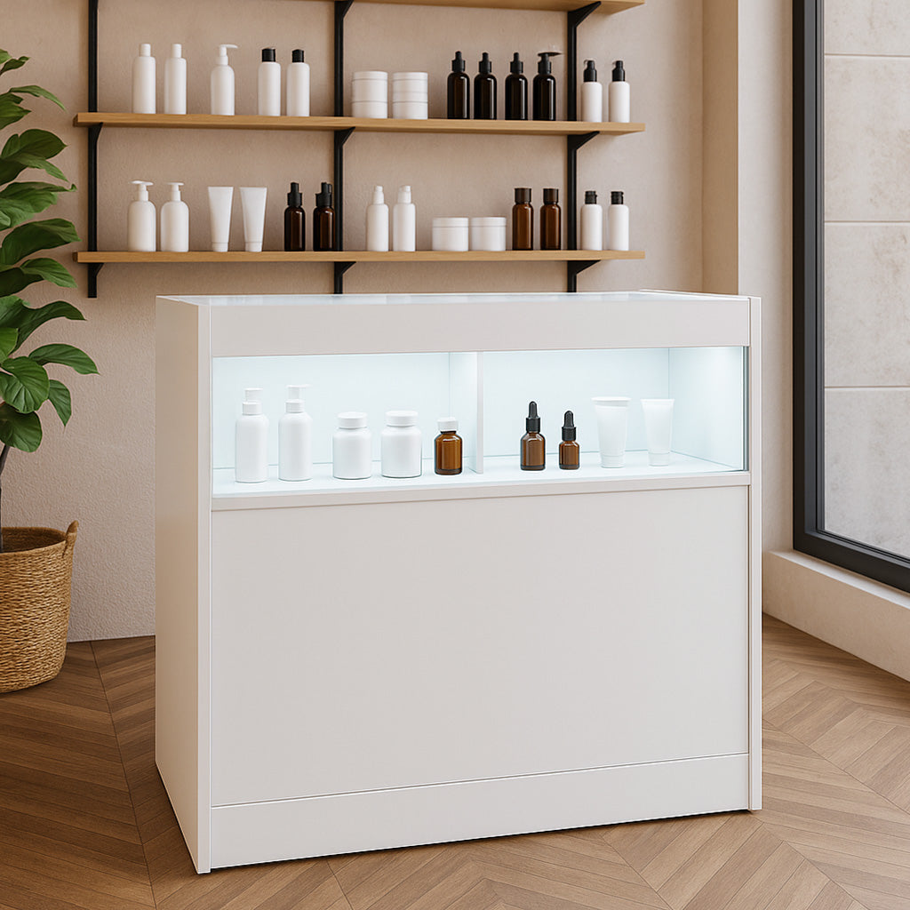 Bancone da negozio LED B900 in bianco, con ripiano illuminato, esposizione di prodotti cosmetici in bottiglie di vetro e plastica