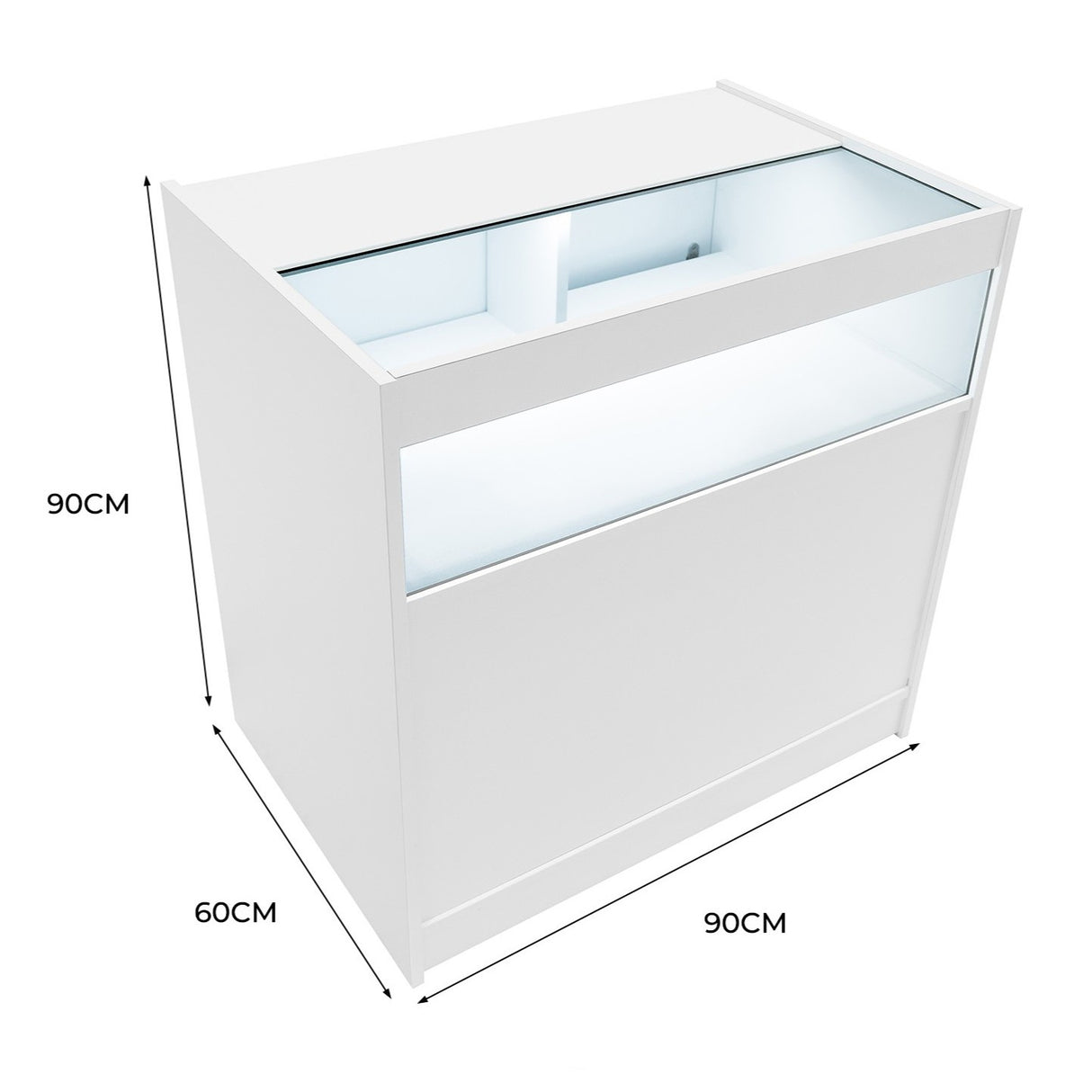 Bancone da negozio LED B900 in bianco, con superficie liscia, vetro trasparente e illuminazione interna, dimensioni 90x60x90 cm