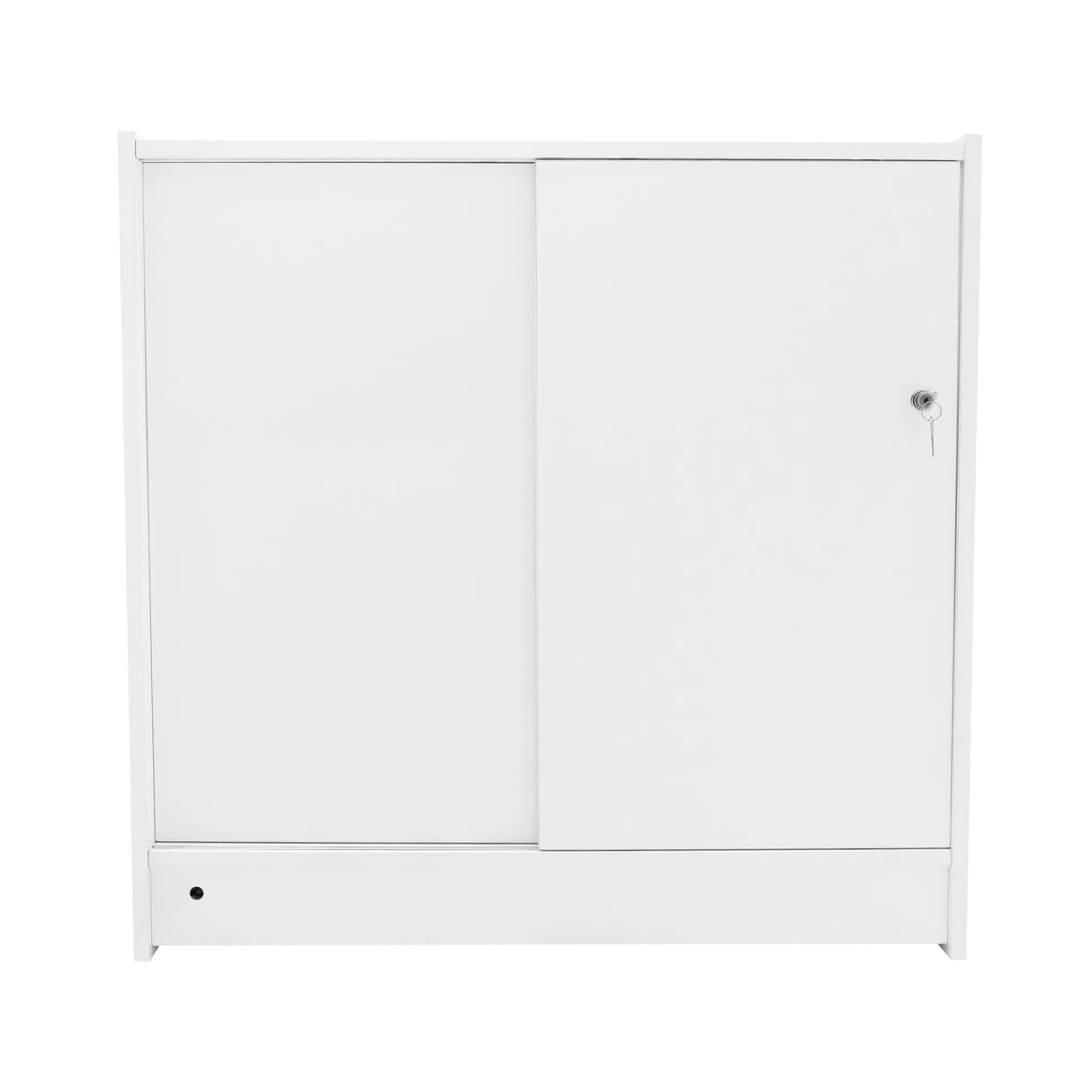 Bancone da negozio LED B900 in bianco, con finitura liscia, ante scorrevoli e chiusura a chiave per sicurezza e stile moderno