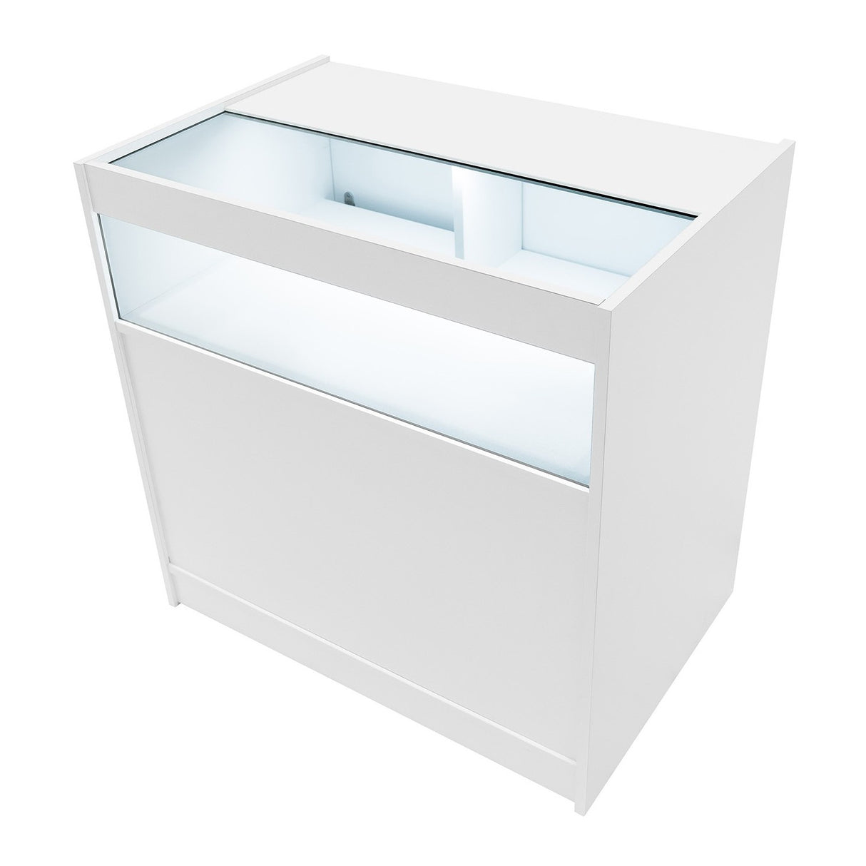 Bancone da negozio LED B900 in bianco, con superficie liscia e vetro trasparente, illuminazione interna blu per un effetto moderno