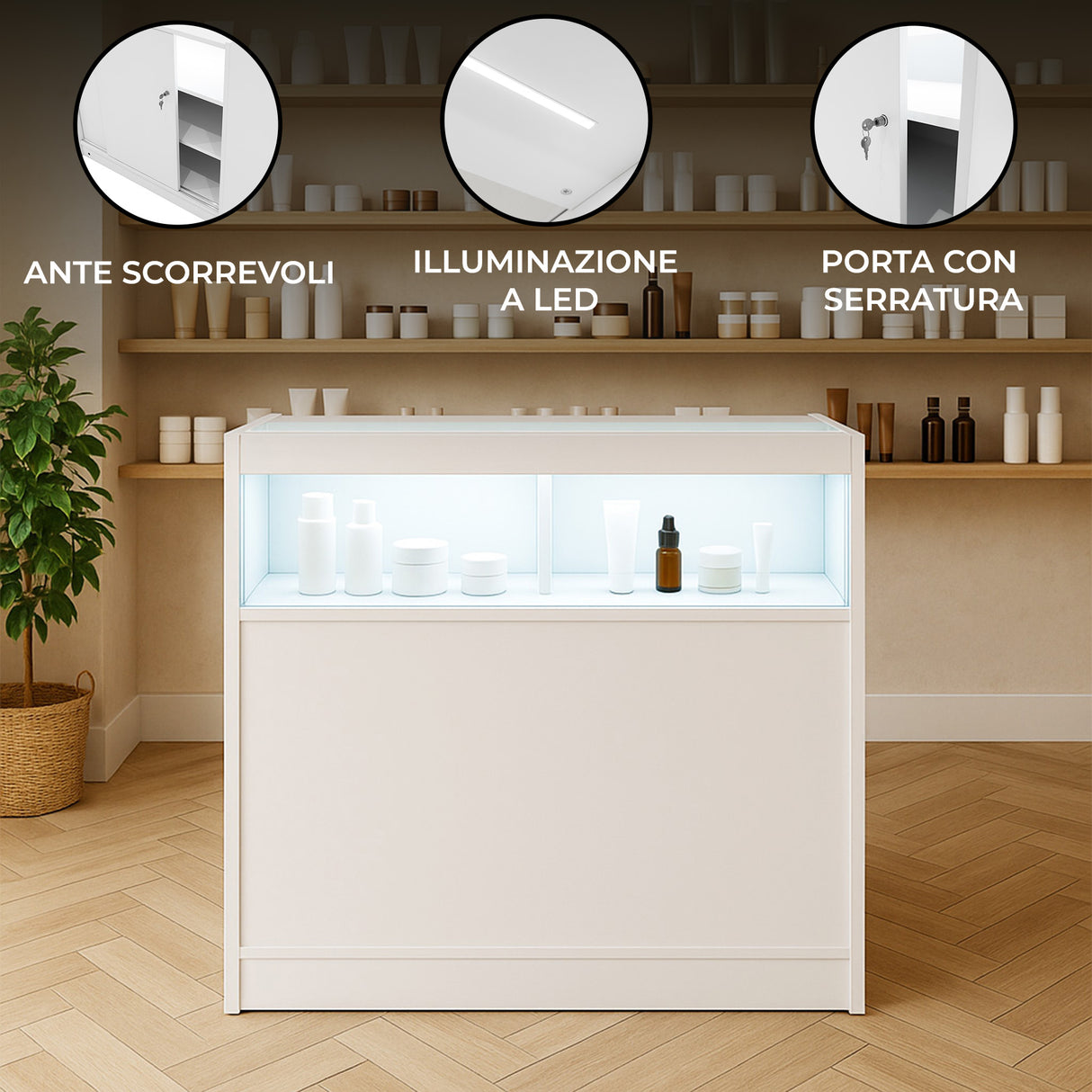 Bancone da negozio LED B900 in bianco, con ante scorrevoli, illuminazione a LED e porta con serratura, elegante e funzionale