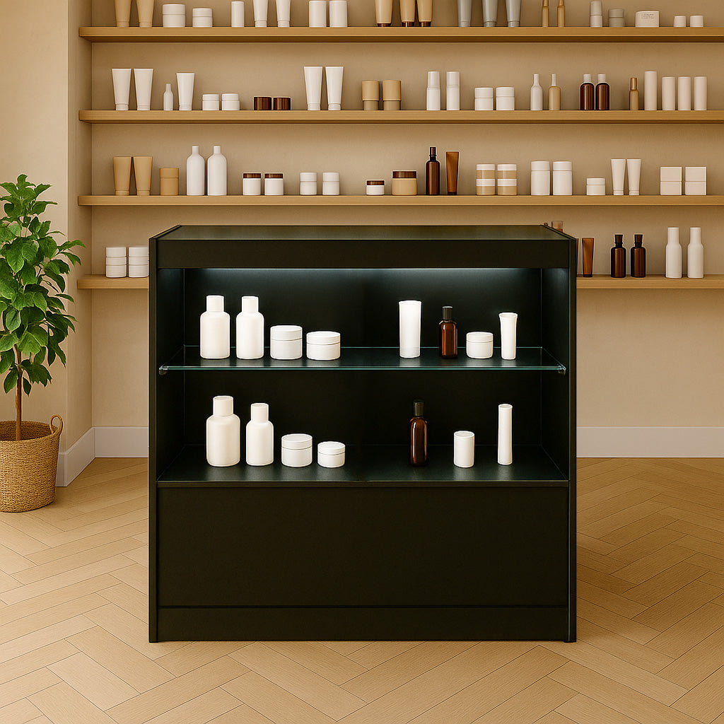 Bancone da negozio LED C900 nero con ripiani in vetro, elegante design minimalista, ideale per esporre prodotti cosmetici e accessori