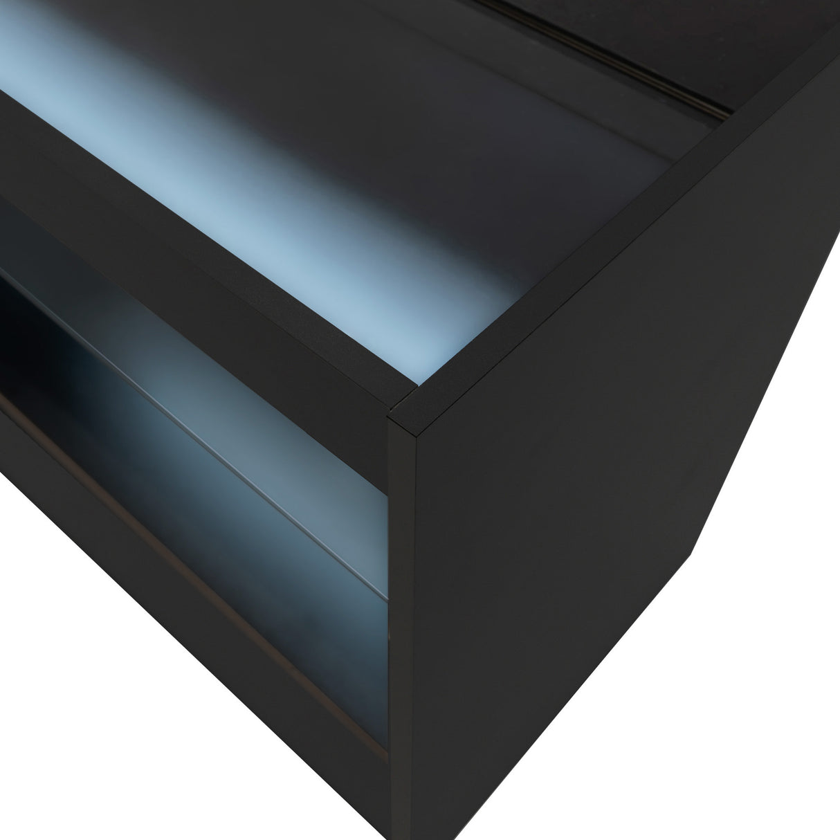 Bancone da negozio LED C900 in nero, con superficie liscia e illuminazione blu, design moderno e linee eleganti per esposizione prodotti