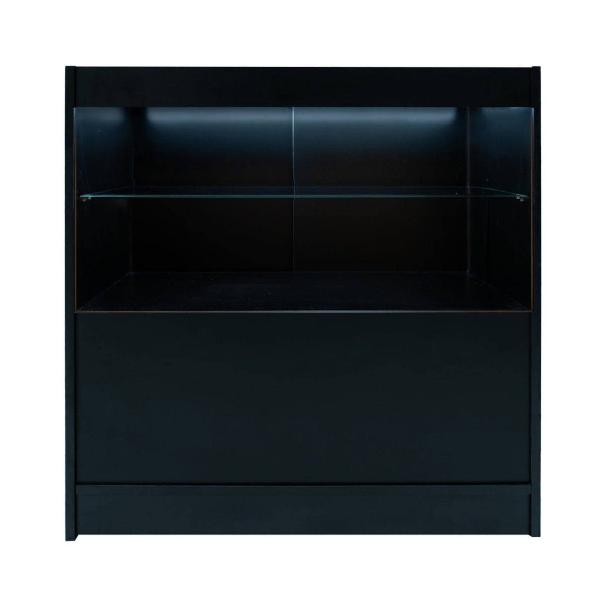 Bancone da negozio LED C900 in nero, con ripiano in vetro e illuminazione interna, design moderno e elegante per esposizione prodotti