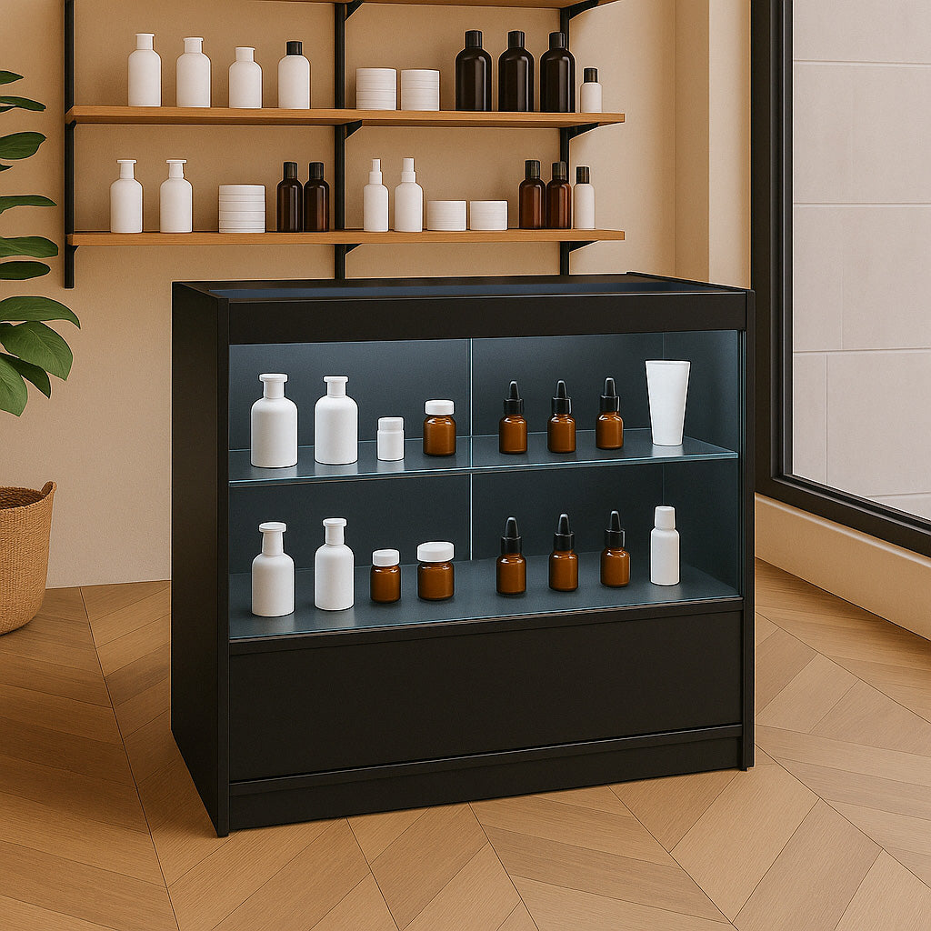 Bancone da negozio LED C900 in nero, con ripiani in vetro e bottiglie decorative in ceramica e vetro, ideale per esposizione prodotti