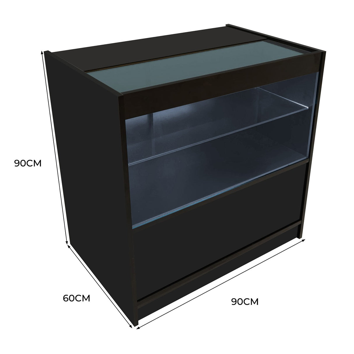 Bancone da negozio LED C900 nero con struttura elegante, ripiani in vetro e illuminazione integrata, dimensioni 90x60x90 cm