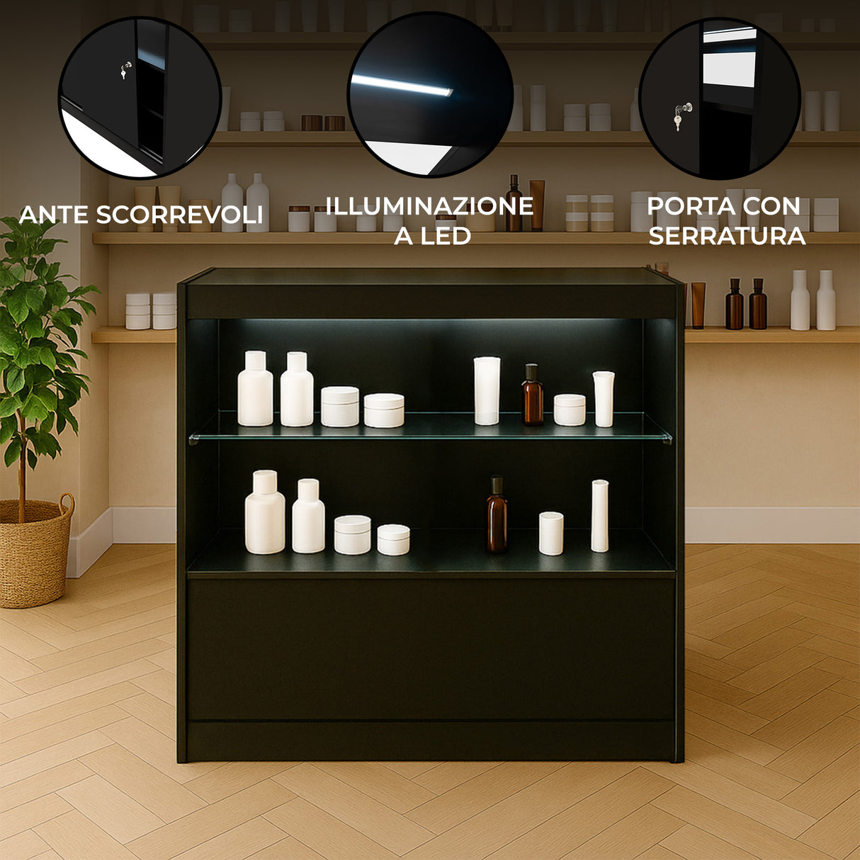 Bancone da negozio LED C900 in nero, con ante scorrevoli, illuminazione a LED e ripiani in vetro per esposizione di prodotti